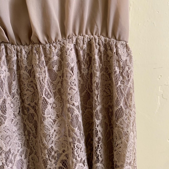 Pleione Tan Sheer Top Lace Bottom Dress w Collar - Picture 3 of 4